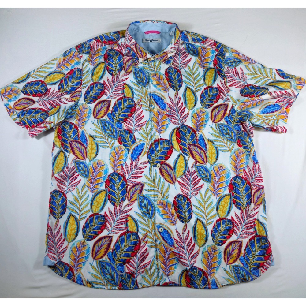 Tommy Bahama Mens XL Tropical Leaf Print Short Sleeve Tencel Cotton Button Shirt
